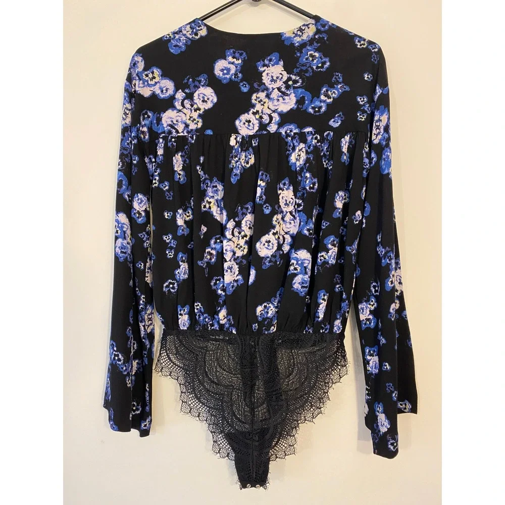 Intimately‎ Free People Forties Feels Floral Bodysuit Black Blue Tie Front S